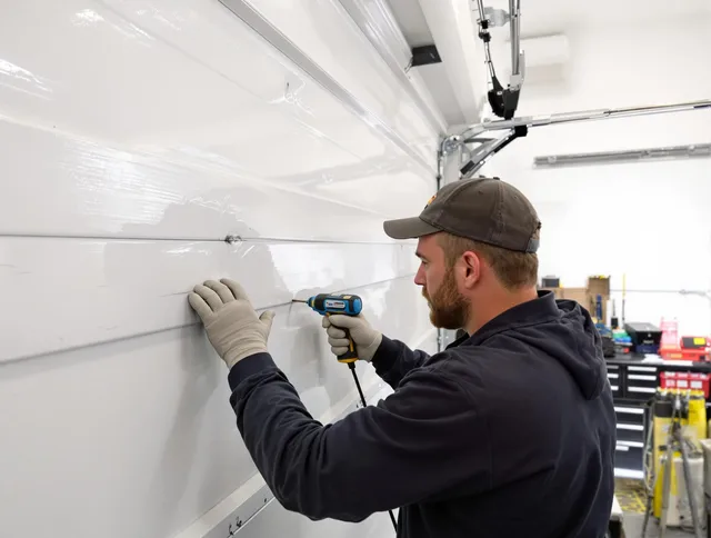 Security-Widefield Garage Door Repair technician demonstrating precision dent removal techniques on a Security-Widefield garage door