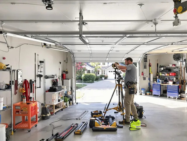 Security-Widefield Garage Door Repair specialist performing laser-guided track alignment in Security-Widefield